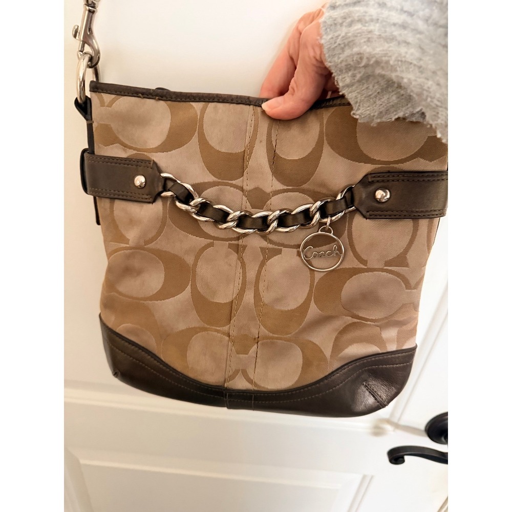 Coach Signature Optic Metallic Chain Duffel Crossbody Bag Monogram Brown
